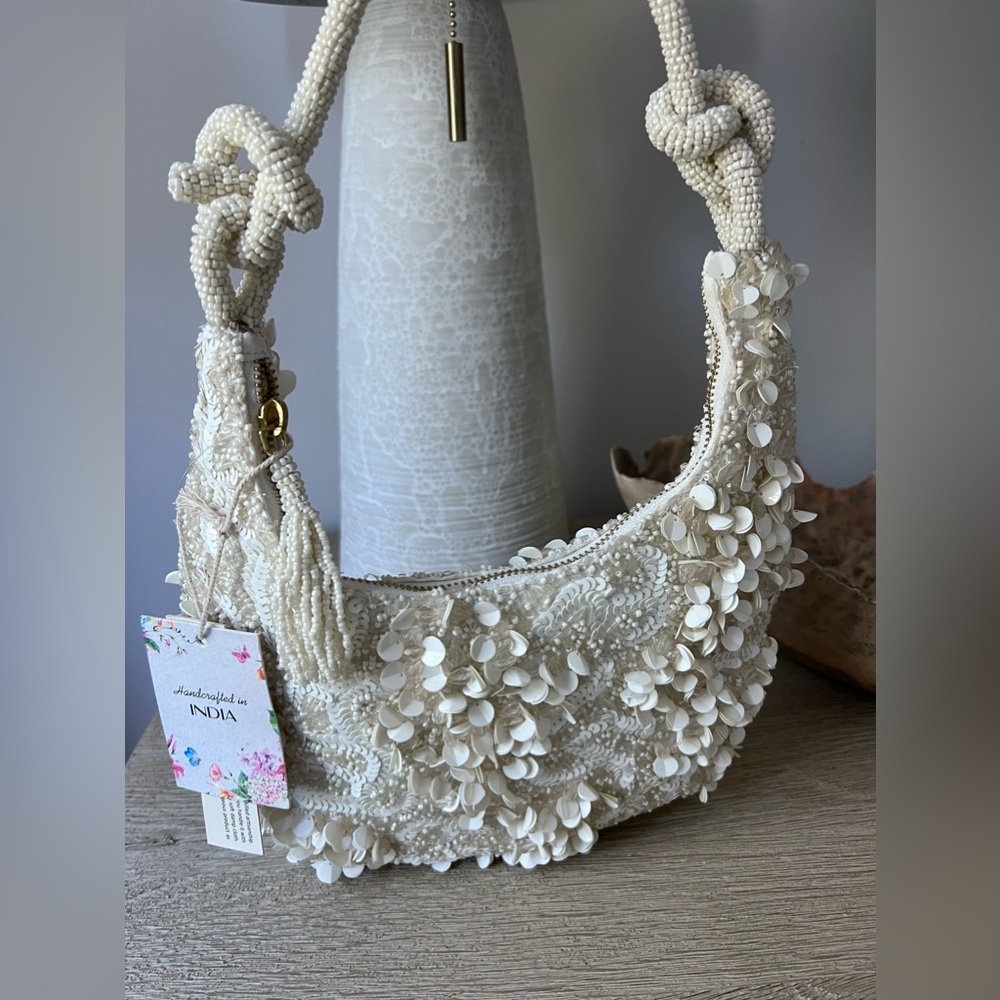 NWT Viral White Beaded Bag with Knot Tie Strap, Handcrafted in India, Br…